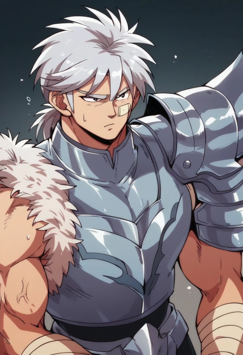Hünkel,bandage,Silver Hair,Silver vest,Well-trained muscles,18-year-old boy,Wearing armor