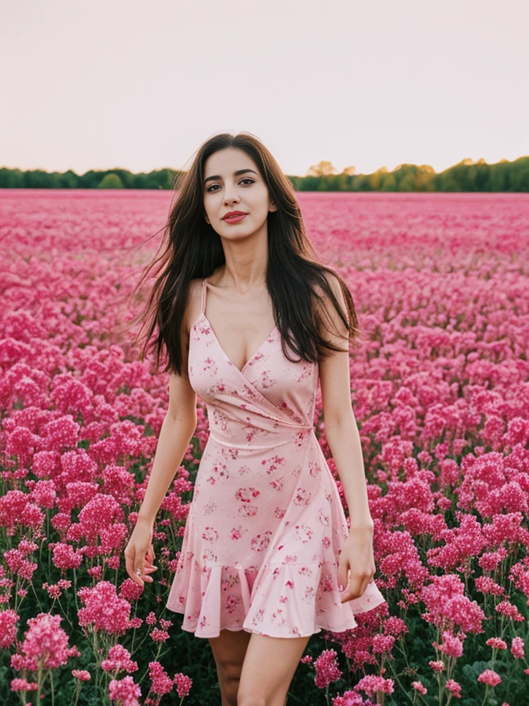 Noura, 1girl, solo, ((Qatari woman)), consistent face and body, ((MILF)), ((30 years old)), (mature), ((slim)), ((Qatari face)), (Qatari nose), (Qatari lips), ((cranky hair)), upper body and upper legs, (background: city flower field at sunset), BREAK, (wearing light-pink printed Flare Dress), smirking, teasing
