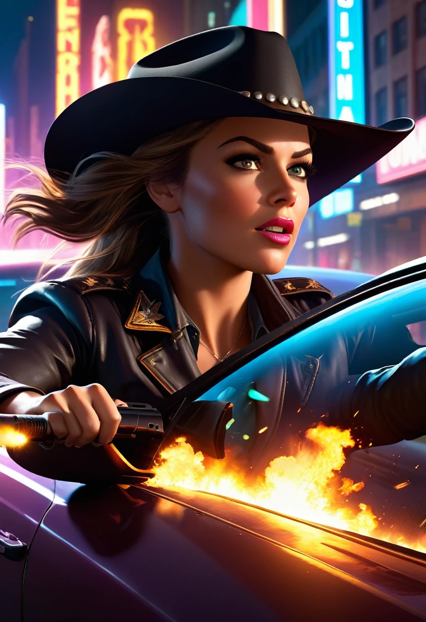 A cowgirl escapes an explosion in her car,Burning car,There are gunshots everywhere,Bright city lights at night,Reflection of neon lights on car windshield,traffic chaos, hurry, Intense chase scene, movie action, Night streets, high speed pursuit, on the verge of danger, the last Stand, epic showdown, Dramatic, Thrilling ending, Stunning visuals, Immersive atmosphere, Detailed car model, Realistic game engine, Resilient environment, Dynamic camera angles, Dynamic lighting effects, Realistic gunshots, dramatic music, Strong emotions.