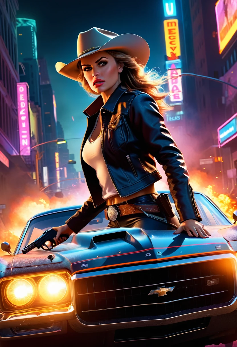 A cowgirl escapes an explosion in her car,Burning car,There are gunshots everywhere,Bright city lights at night,Reflection of neon lights on car windshield,traffic chaos, hurry, Intense chase scene, movie action, Night streets, high speed pursuit, on the verge of danger, the last Stand, epic showdown, Dramatic, Thrilling ending, Stunning visuals, Immersive atmosphere, Detailed car model, Realistic game engine, Resilient environment, Dynamic camera angles, Dynamic lighting effects, Realistic gunshots, dramatic music, Strong emotions.