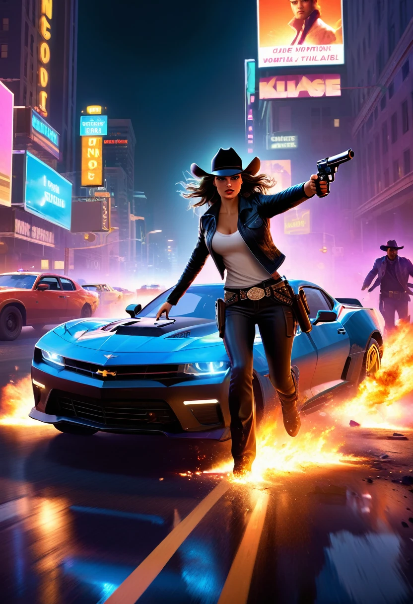 A cowgirl escapes an explosion in her car,Burning car,There are gunshots everywhere,Bright city lights at night,Reflection of neon lights on car windshield,traffic chaos, hurry, Intense chase scene, movie action, Night streets, high speed pursuit, on the verge of danger, the last Stand, epic showdown, Dramatic, Thrilling ending, Stunning visuals, Immersive atmosphere, Detailed car model, Realistic game engine, Resilient environment, Dynamic camera angles, Dynamic lighting effects, Realistic gunshots, dramatic music, Strong emotions.
