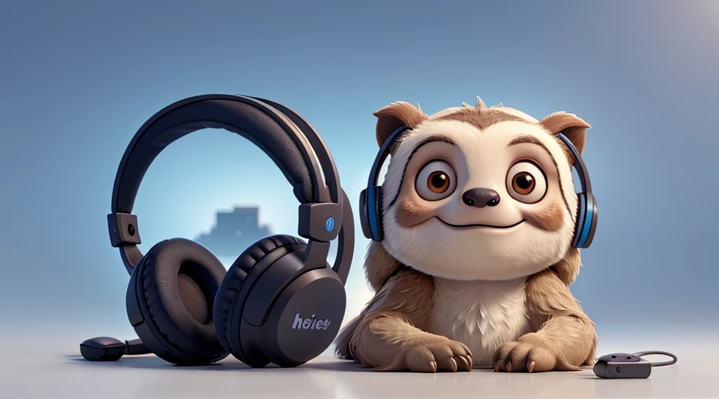A sloth wearing a wireless headset,if only「front」Head close-up and in the middle of the screen , No text, There is no equipment in the picture,No other headphones, Solid background(White without gradient)