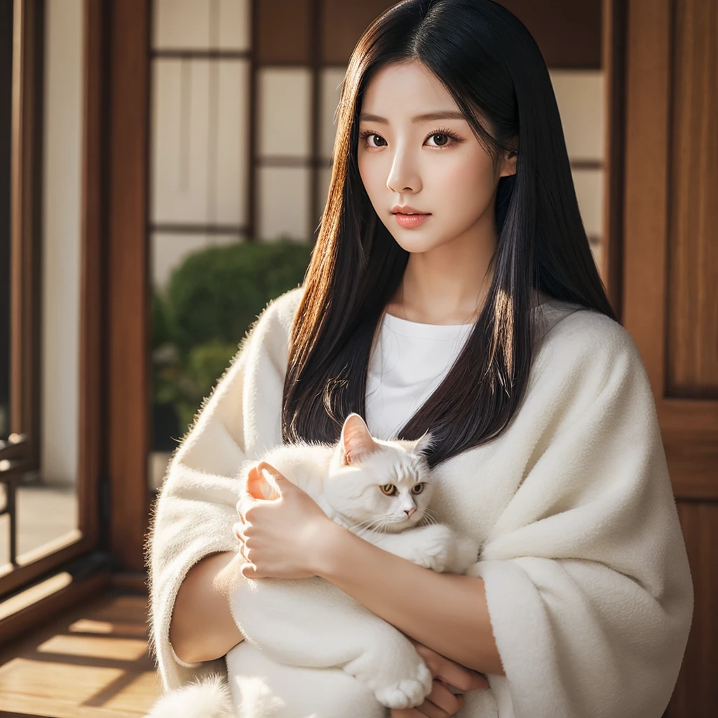 a woman with long hair,eyes black, korean girl, beautiful south korean woman, Asian characteristics, Hwasa do MAMAMOO , korean woman, beautiful young korean woman, Gongbi, gorgeous young korean woman, role model | artgerm,  Chinesa, beautiful asian girl, Ilya Kuvshinov holding a furry white cat