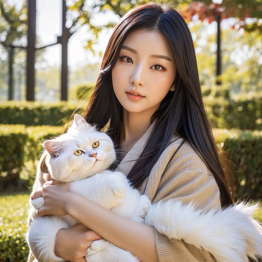 a woman with long hair,eyes black, korean girl, beautiful south korean woman, Asian characteristics, Hwasa do MAMAMOO , korean woman, beautiful young korean woman, Gongbi, gorgeous young korean woman, role model | artgerm, Chinesa, beautiful asian girl, Ilya Kuvshinov holding a furry white cat