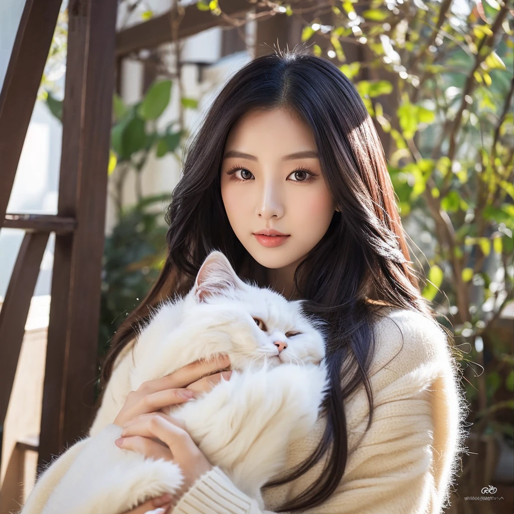 a woman with long hair,eyes black, korean girl, beautiful south korean woman, Asian characteristics, Hwasa do MAMAMOO , korean woman, beautiful young korean woman, Gongbi, gorgeous young korean woman, role model | artgerm,  Chinesa, beautiful asian girl, Ilya Kuvshinov holding a furry white cat