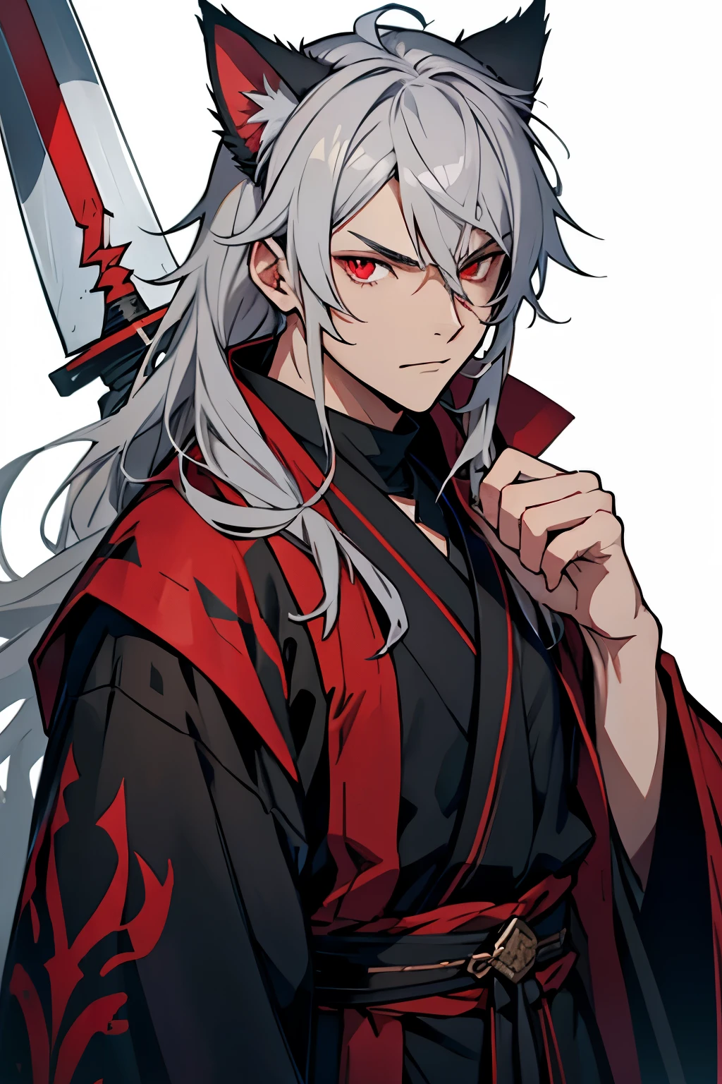 Anime male with grey hair, red eyes, and cat ears that uses a spellblade. neutral face, Wears old robes. Plain white background