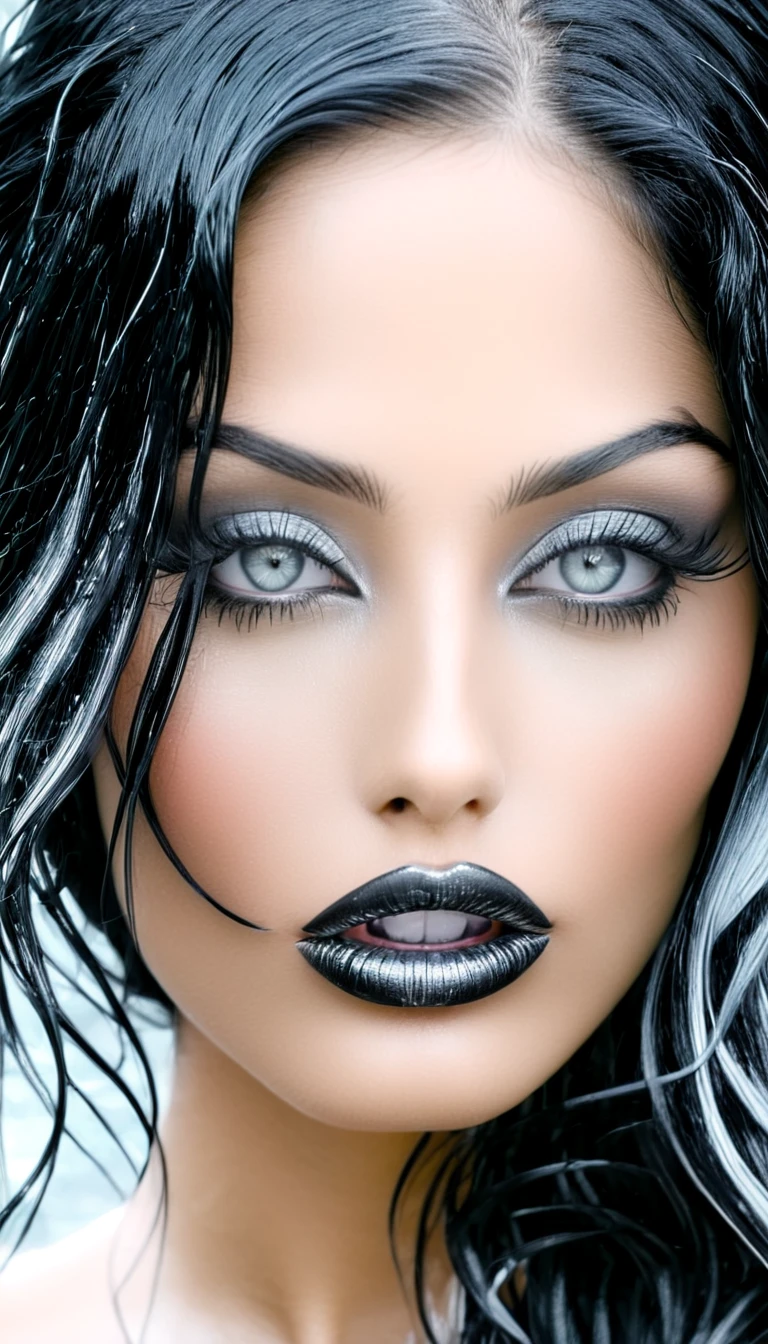 1 Aubade girl, Magnificent, long thin black hair and wavy and wet, yeux gris argenté brillants, black eyeliner, (chrome gray lips), sensual lips slightly parted