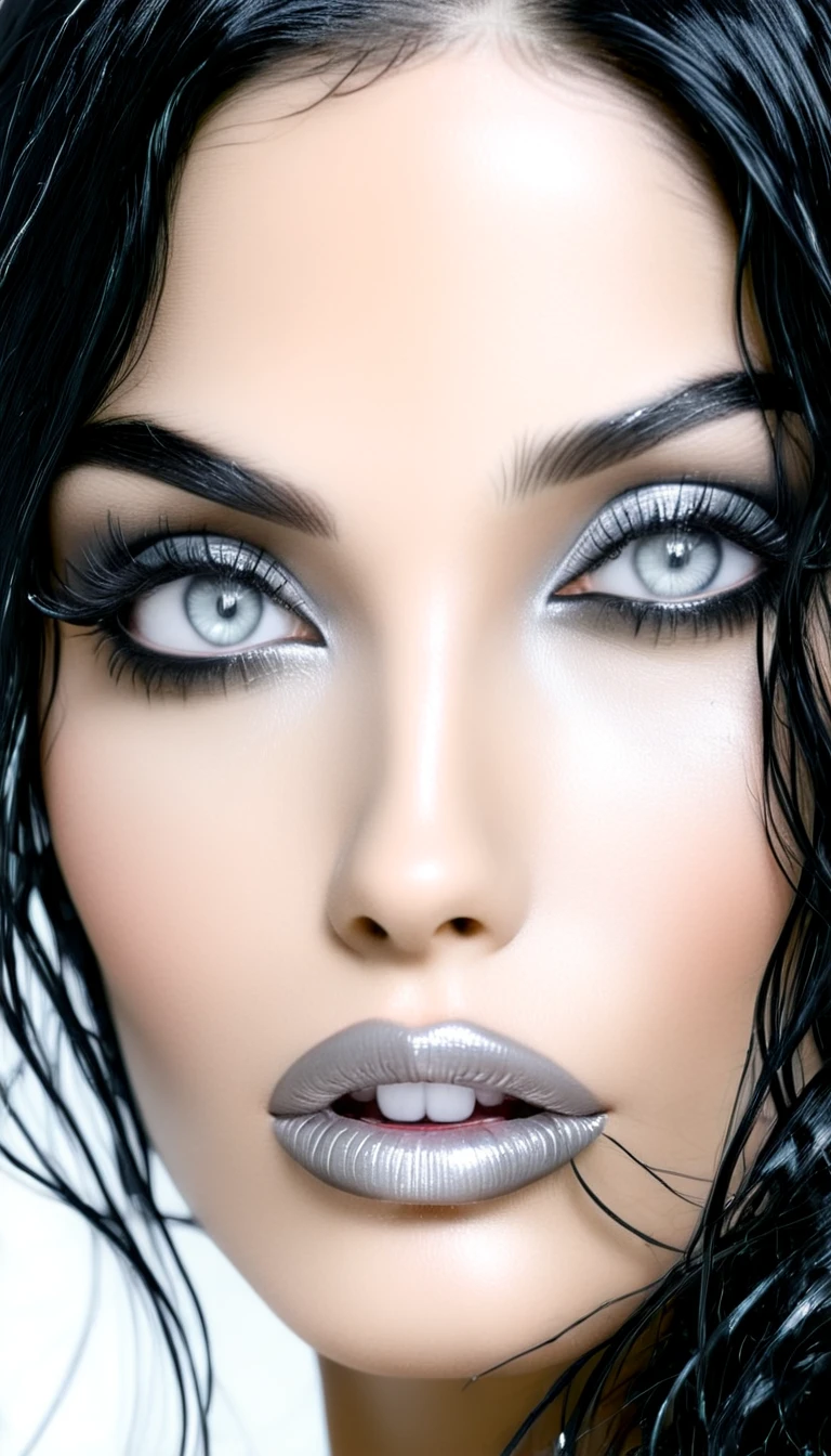 1 Aubade girl, Magnificent, long thin black hair and wavy and wet, yeux gris argenté brillants, black eyeliner, (chrome gray lips), sensual lips slightly parted