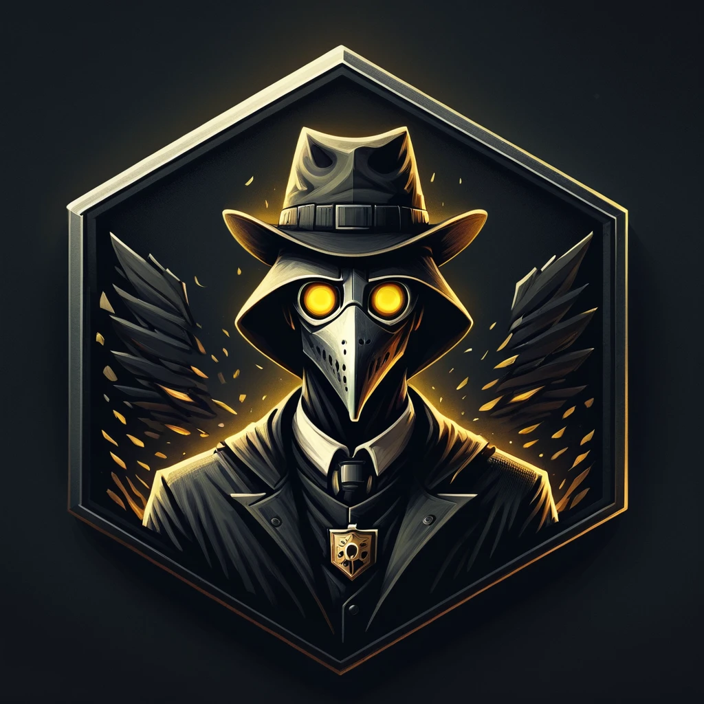 ultra high resolution, detailed, best quality, badgetype,solo badge,counter strike2 type badge,solo,looking at viewer,yellow eyes,1boy,male focus,no humans,mask,glowing,simple background,portrait,straight-on,plague doctor, hat, proportional, noire, minimalist background