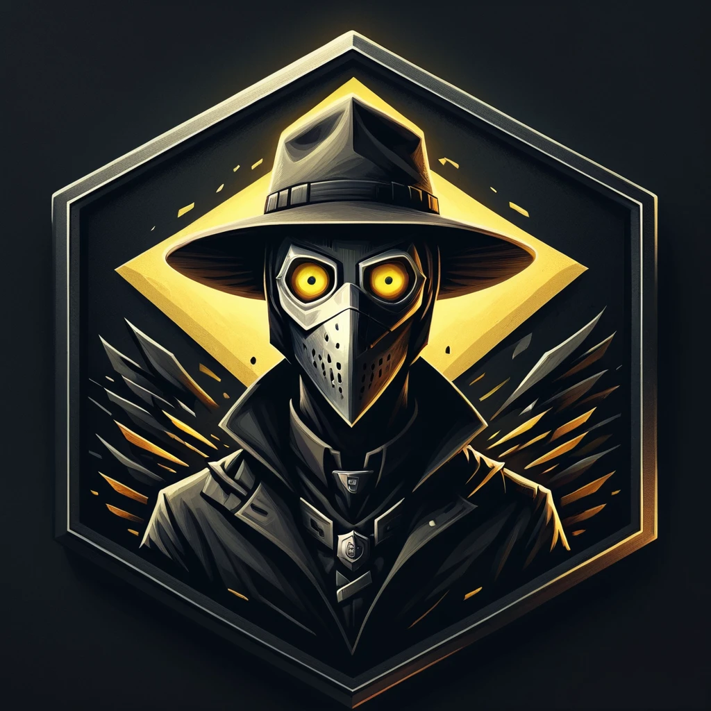 ultra high resolution, detailed, best quality, badgetype,solo badge,counter strike2 type badge,solo,looking at viewer,yellow eyes,1boy,male focus,no humans,mask,glowing,simple background,portrait,straight-on,plague doctor, hat, proportional, noire, minimalist background