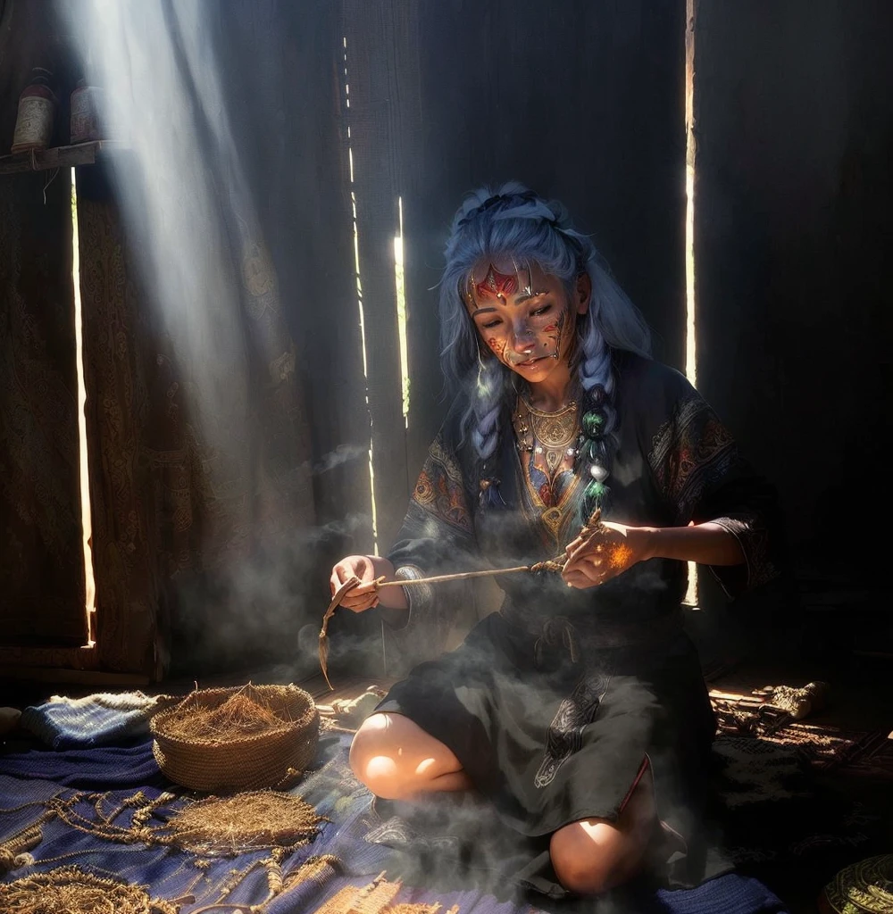 There is a woman sitting on the floor cooking, ayahuasca shaman, A young female shaman, hard Morning Light, mid Morning Lighting, Traditional Arts, Morning Lighting, Morning glare, Ayahuasca Ceremony, Morning Light, light coming through, portrait, photo, Cast fire magic, stunning light coming through, author:Caroline Mytinger