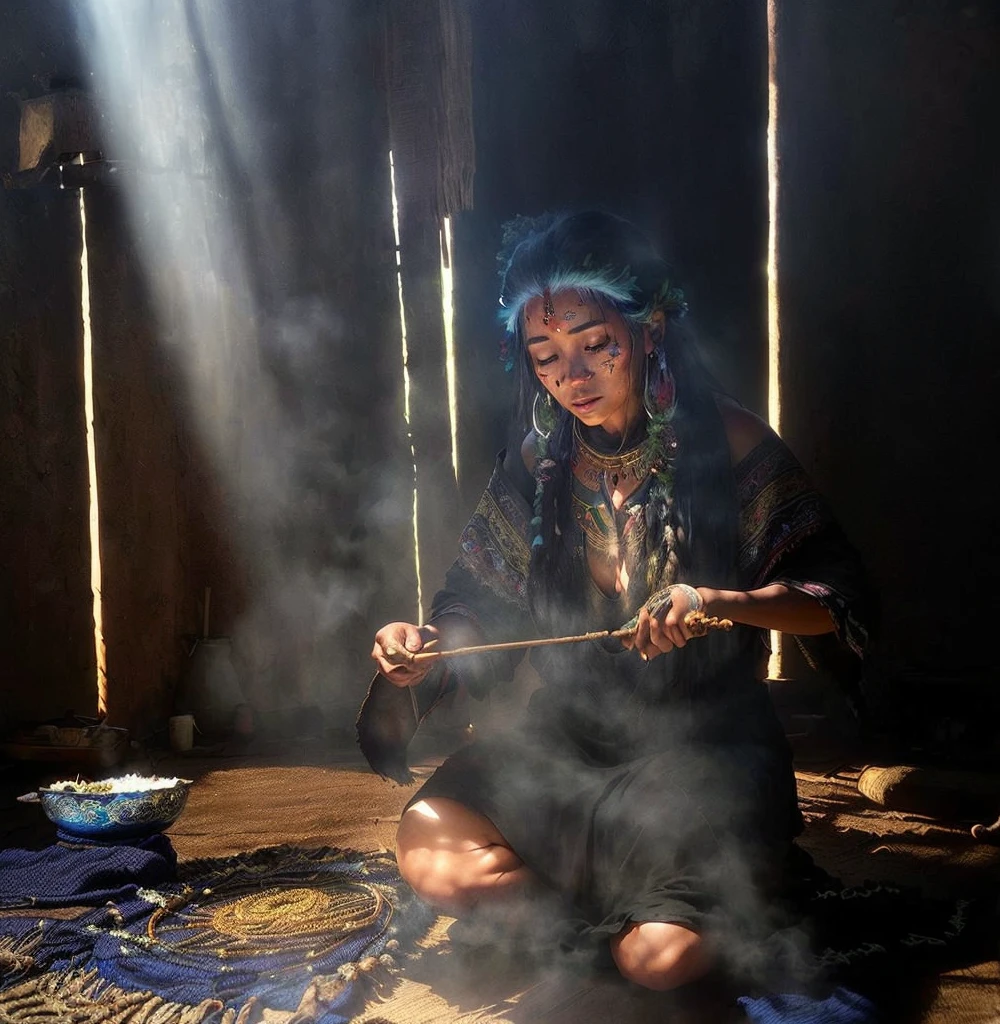 There is a woman sitting on the floor cooking, ayahuasca shaman, A young female shaman, hard Morning Light, mid Morning Lighting, Traditional Arts, Morning Lighting, Morning glare, Ayahuasca Ceremony, Morning Light, light coming through, portrait, photo, Cast fire magic, stunning light coming through, author：Caroline Mytinger