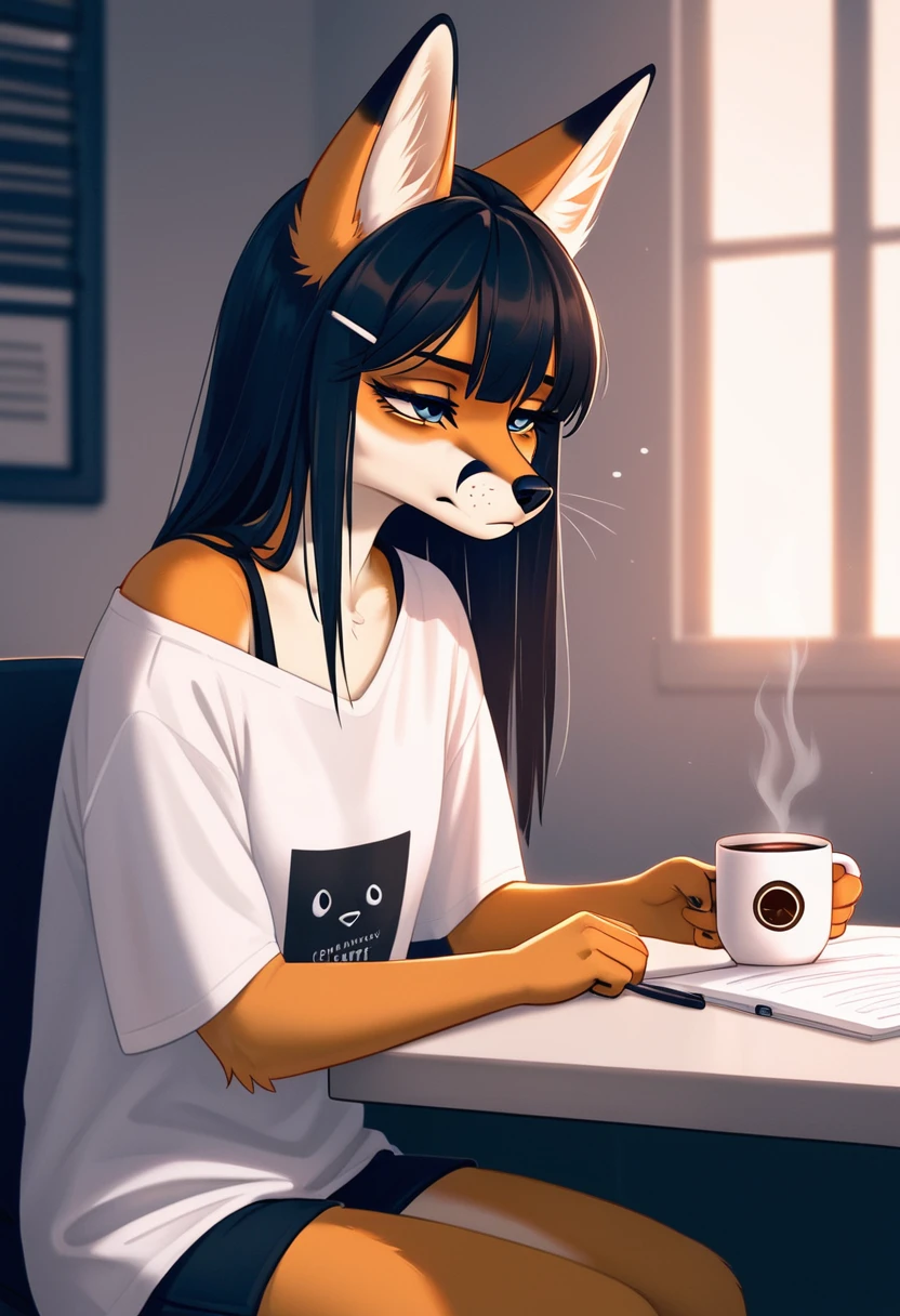 White fox, elongated muzzle, Furry, antro лиса, god, long straight black hair, thin, sitting tired, tired, in a black oversized T-shirt, off shoulder tank, drinking coffee tired, office everyday life, masterpiece, Best quality, antro, Furry, cinematic lighting, Scattered light, a high resolution, high detail, ultra realistic