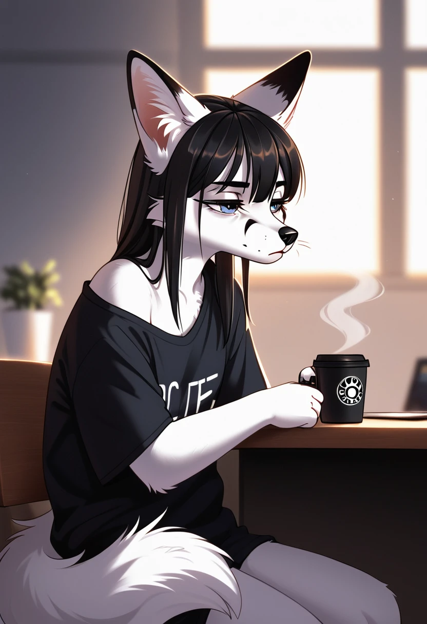 White fox, elongated muzzle, Furry, antro лиса, god, long straight black hair, thin, sitting tired, tired, in a black oversized T-shirt, off shoulder tank, drinking coffee tired, office everyday life, masterpiece, Best quality, antro, Furry, cinematic lighting, Scattered light, a high resolution, high detail, ultra realistic