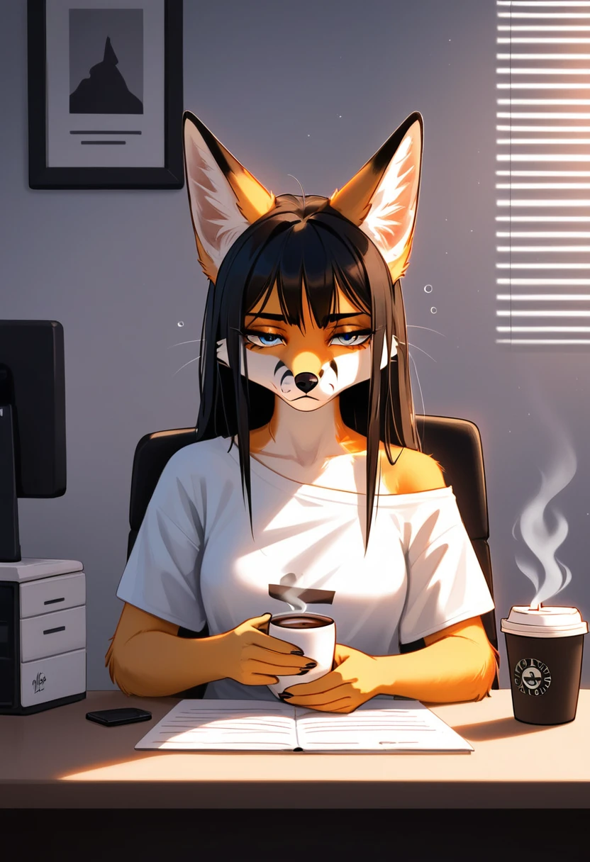 White fox, elongated muzzle, Furry, antro лиса, god, long straight black hair, thin, sitting tired, tired, in a black oversized T-shirt, off shoulder tank, drinking coffee tired, office everyday life, masterpiece, Best quality, antro, Furry, cinematic lighting, Scattered light, a high resolution, high detail, ultra realistic