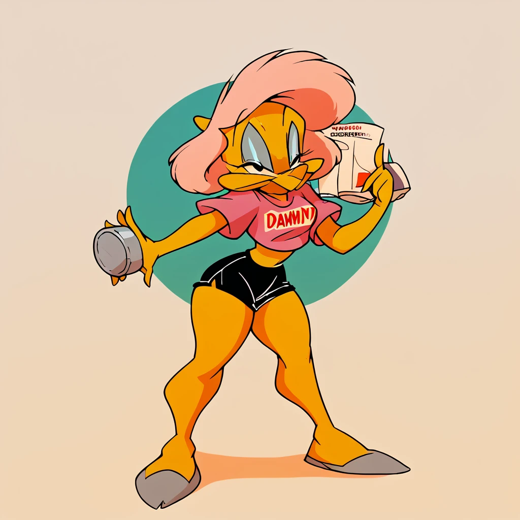 Amy Squrriel, in the cyberworld, at the cyberbeach, wearing black shorts, daffy duck in the scene, has thick thighs, curved smiling, 2940s rubberhose style, 80s hybrid eary cgi technology,