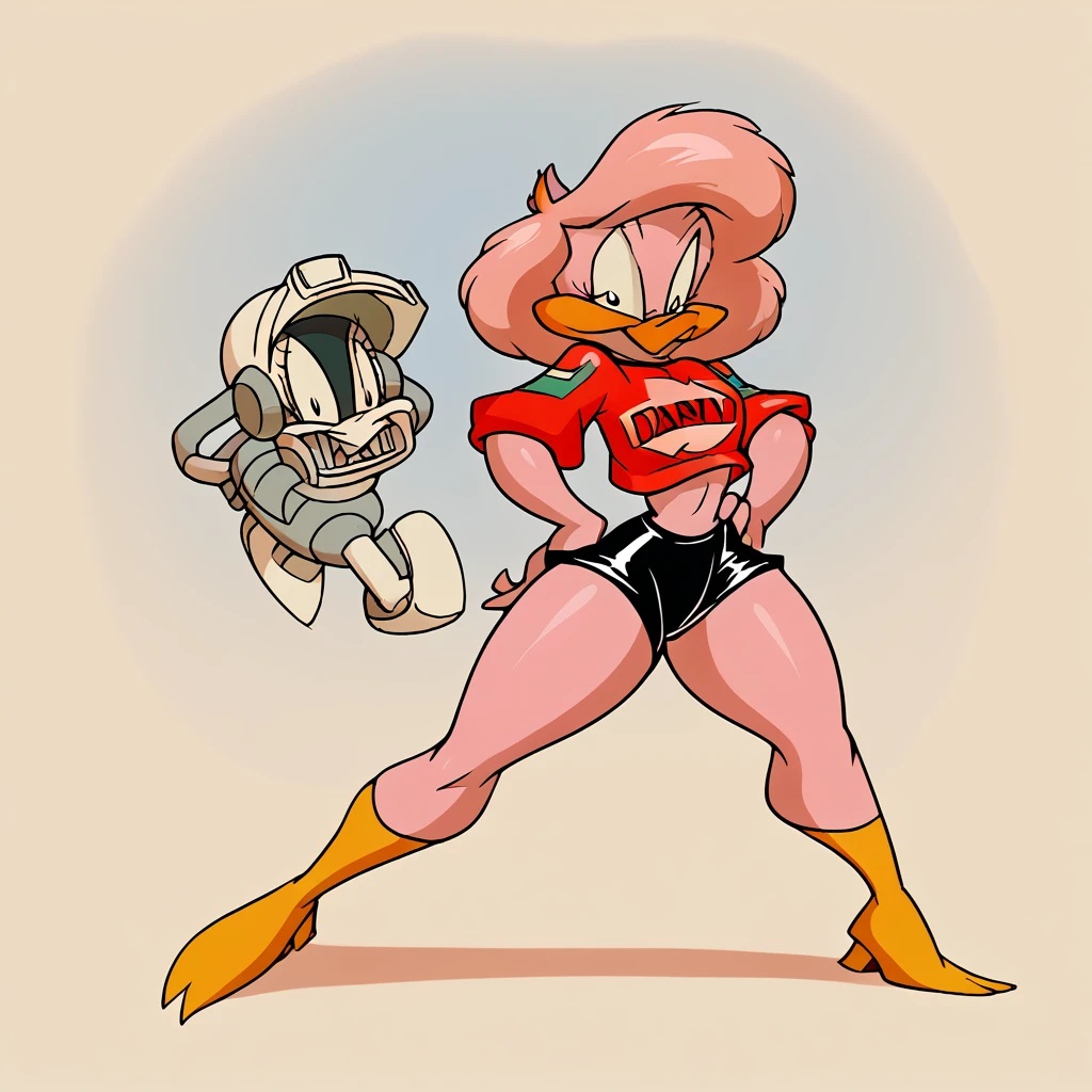 Amy Squrriel, in the cyberworld, at the cyberbeach, wearing black shorts, daffy duck in the scene, has thick thighs, curved smiling, 2940s rubberhose style, 80s hybrid eary cgi technology,