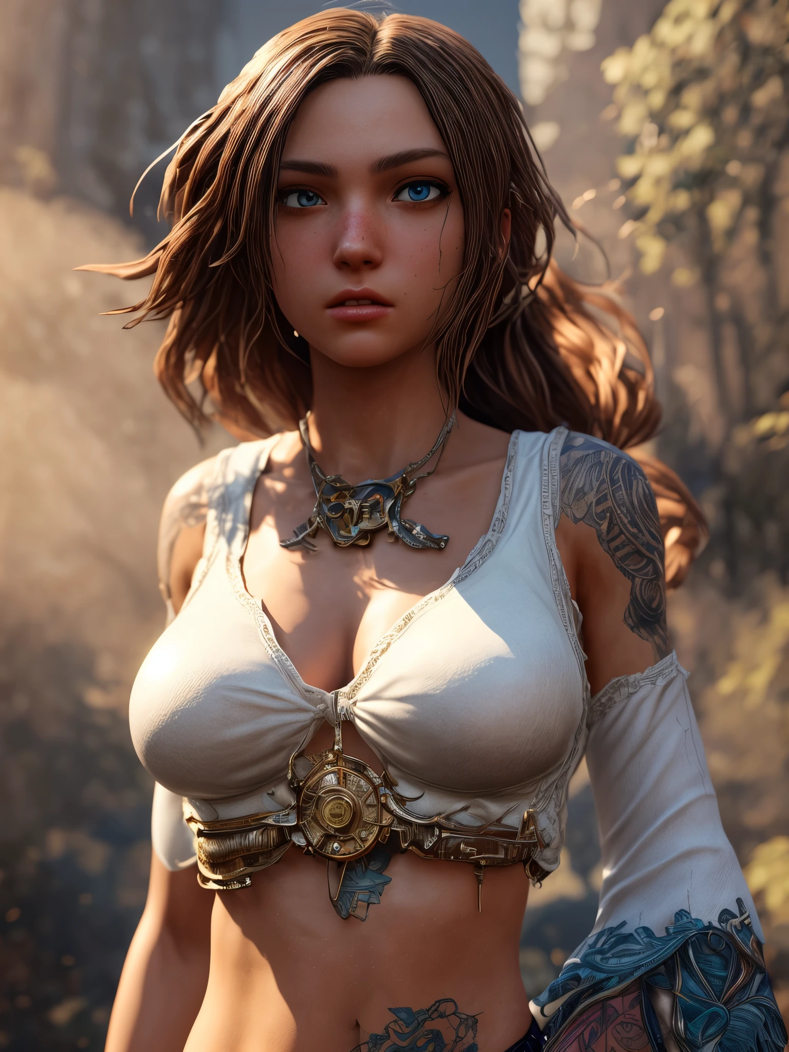 portrait of a steampunk girl at a party, (white crop top:1.2), small breast, black and blue leather, tattoo, hyper detailed, ultra sharp, long auburn hair in braids, 8k, (insanely detailed:1.5), half bust photograph, 20 megapixel, canon eos r3, detailed skin, pale skin. [The character is surrounded by mist, evoking a mysterious and eerie atmosphere. The lighting is dark and atmospheric, with smoke adding a touch of sinister ambiance. Best quality image, HDR enhancement, showcasing the utmost level of detail and realism, full body shot:1.5]. [8K, Best Quality, Ultra High Resolution, (highly detailed CG unity 8k wallpaper), (best photo), (best shadows), isometric 3D, octane rendering, ray tracing, highly detailed, (Best quality, 4K, 8k:1.2), absurdity, ultra detailed, (realistic, photorealistic, photorealistic:1.37), complex parts, HDR, (complex parts:1.12), (hyper detailed, hyper realistic, Soft lighting, spicy:1.2), (complex parts, Hyper detailed:1.15). Blurred foreground. (backlit), masterpiece, high quality, brightness, chromatic aberration, foggy smoke, shadows, contrast, clear sky, (warm hue, warm tone), high details, natural reflections]. (YES SFW)
