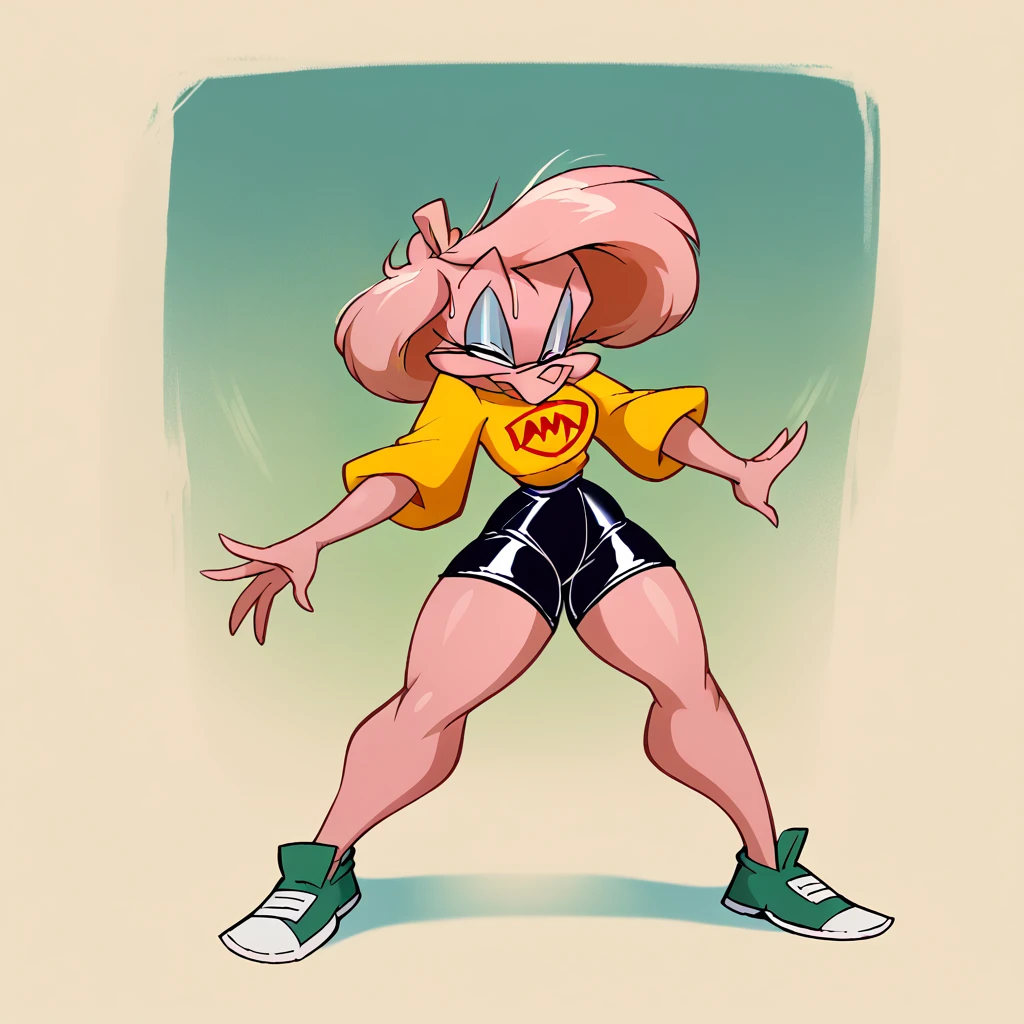 Amy Squrriel, in the cyberworld, at the cyberbeach, wearing black shorts, daffy duck in the scene, has thick thighs, curved smiling, 2940s rubberhose style, 80s hybrid eary cgi technology,