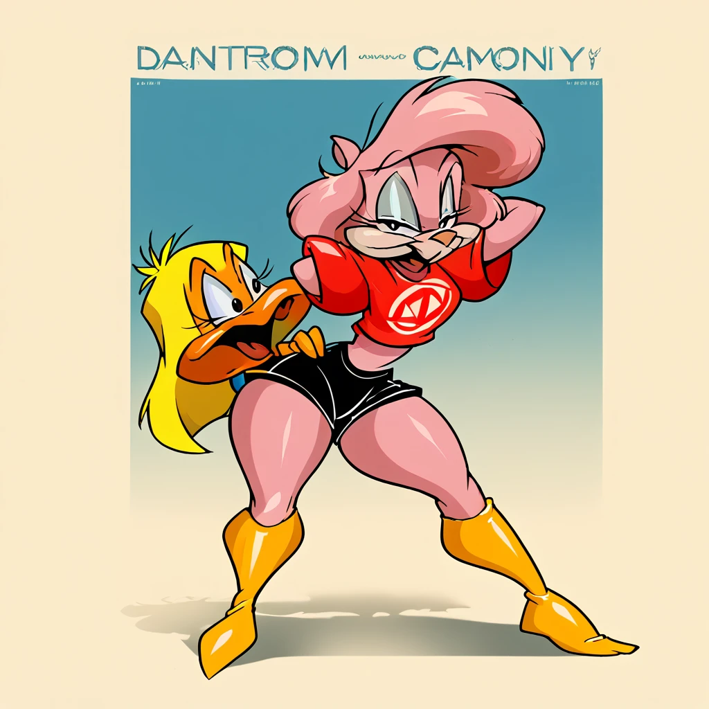 Amy Squrriel, in the cyberworld, at the cyberbeach, wearing black shorts, daffy duck in the scene, has thick thighs, curved smiling, 2940s rubberhose style, 80s hybrid eary cgi technology,