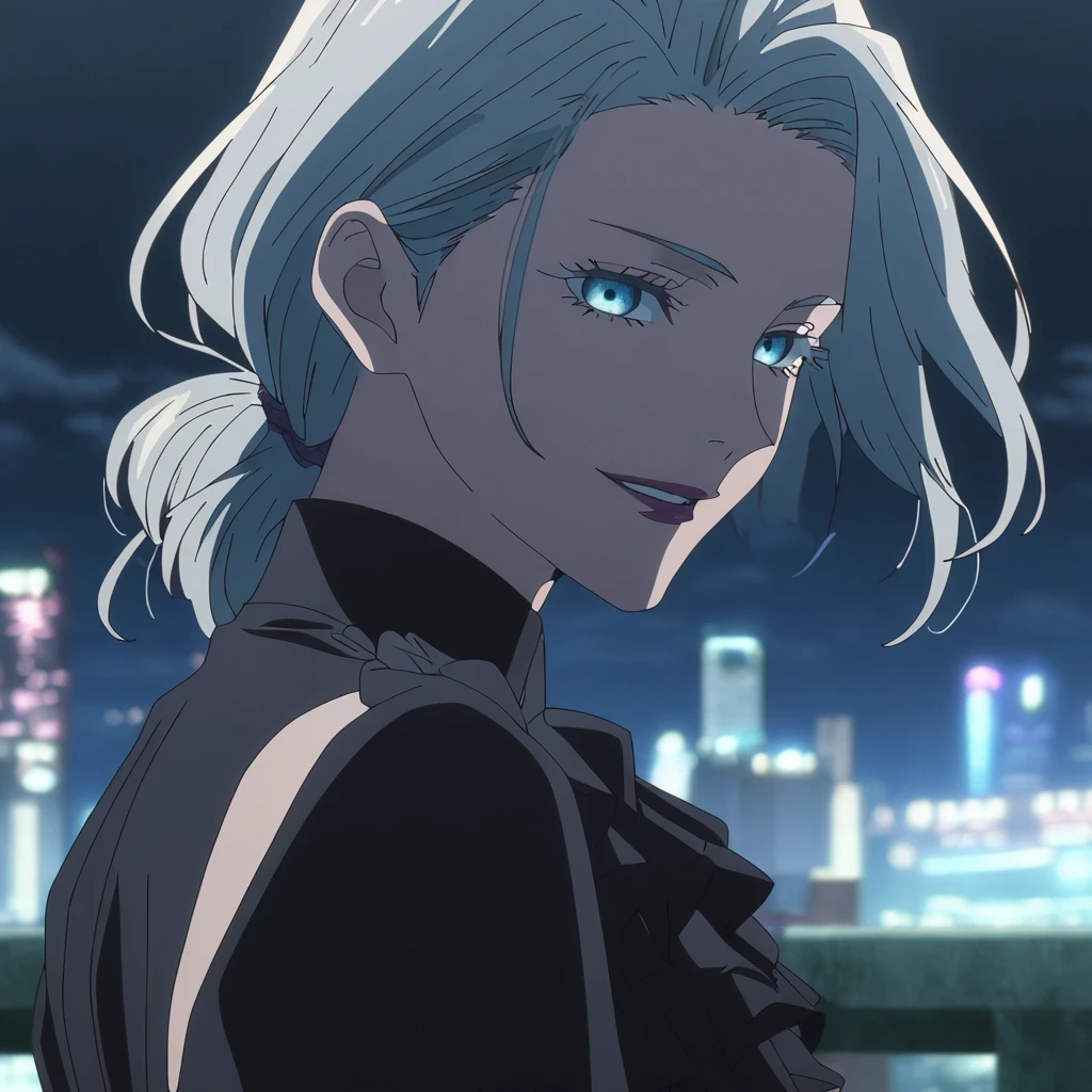 1girl, female gojo satoru, anime screencap from jujutsu kaisen, gojo satoru female version, solo, long_Silver hair, hair strands, black round sunglasses, Blue Eyes, parted_lips, smiling, looking_at_viewer, perfect background, outdoors, side view, eyelashes, (elegant prom night outfit), hair_between_eyes, floating hair, ((hair slicked from one side)), City in background,night