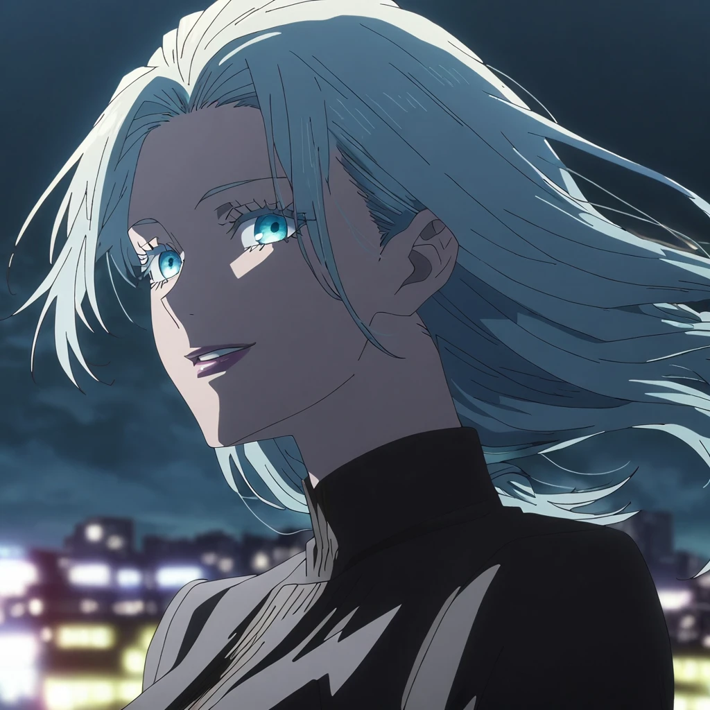 1girl, female gojo satoru, anime screencap from jujutsu kaisen, gojo satoru female version, solo, long_Silver hair, hair strands, black round sunglasses, Blue Eyes, parted_lips, smiling, looking_at_viewer, perfect background, outdoors, side view, eyelashes, (elegant prom night outfit),  hair_between_eyes, floating hair, ((hair slicked from one side)), City in background,night