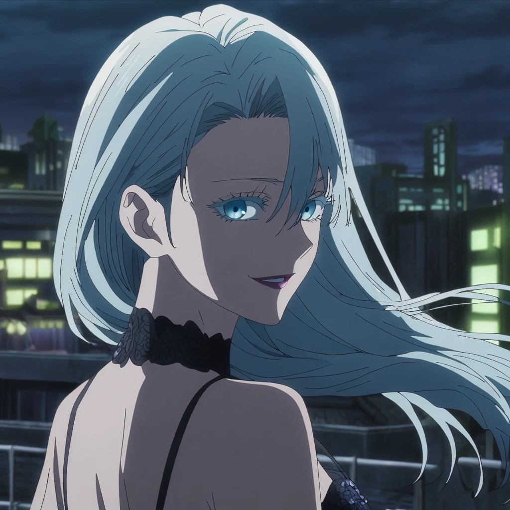 1girl, female gojo satoru, anime screencap from jujutsu kaisen, gojo satoru female version, solo, long_Silver hair, hair strands, black round sunglasses, Blue Eyes, parted_lips, smiling, looking_at_viewer, perfect background, outdoors, side view, eyelashes, (elegant prom night outfit),  hair_between_eyes, floating hair, ((hair slicked from one side)), City in background,night