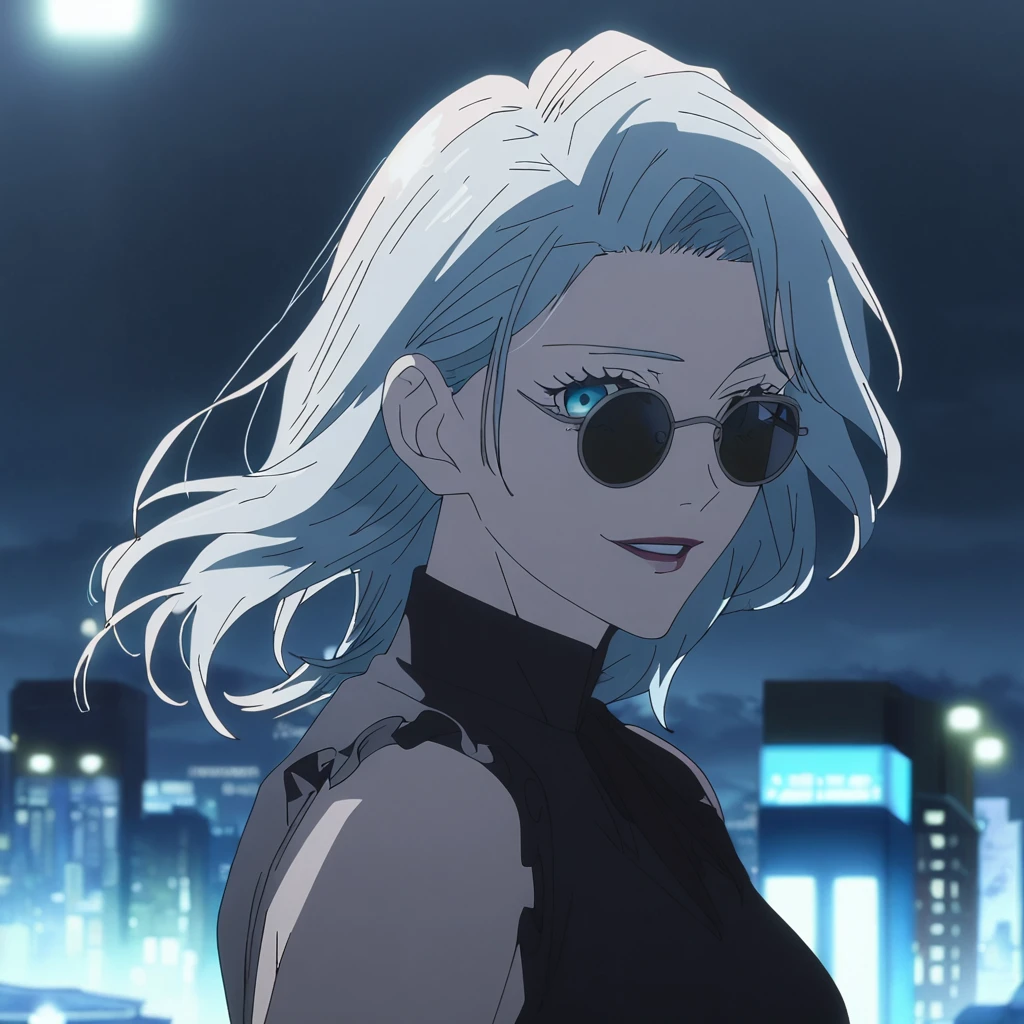1girl, female gojo satoru, anime screencap from jujutsu kaisen, gojo satoru female version, solo, long_Silver hair, hair strands, black round sunglasses, Blue Eyes, parted_lips, smiling, looking_at_viewer, perfect background, outdoors, side view, eyelashes, (elegant prom night outfit), hair_between_eyes, floating hair, ((hair slicked from one side)), City in background,night