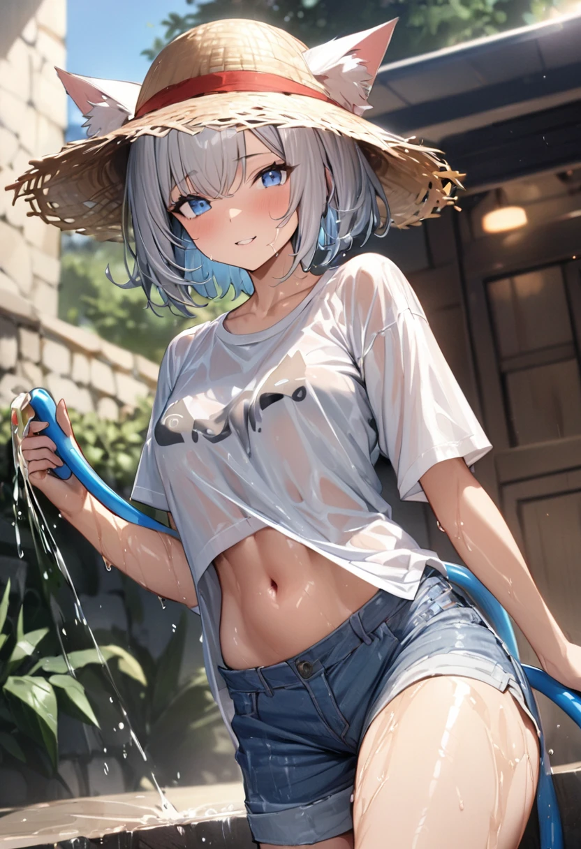 1girl、(((best quality)), ((masterpiece)), (details), masterpiece, best quality, high quality, ulutra detailed, perfect face, ((1girl, Blue eyes, cat ears: 1.3 silver bob hair: 2.5,))、Shiny Hair、Glowing Skin、Happy face、Lustful look、Water Play、Spray with a hose、T-Shirts、Shorts、Straw hat、I can see my toned stomach、Clothes get wet、hibiscus、