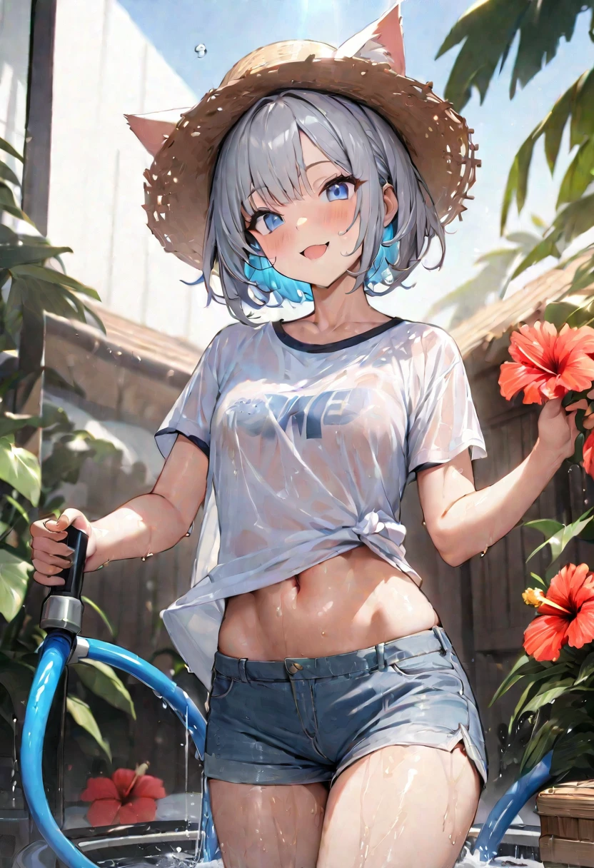1girl、(((best quality)), ((masterpiece)), (details), masterpiece, best quality, high quality, ulutra detailed, perfect face, ((1girl, Blue eyes, cat ears: 1.3 silver bob hair: 2.5,))、Shiny Hair、Glowing Skin、Happy face、Lustful look、Water Play、Spray with a hose、T-Shirts、Shorts、Straw hat、I can see my toned stomach、Clothes get wet、hibiscus、