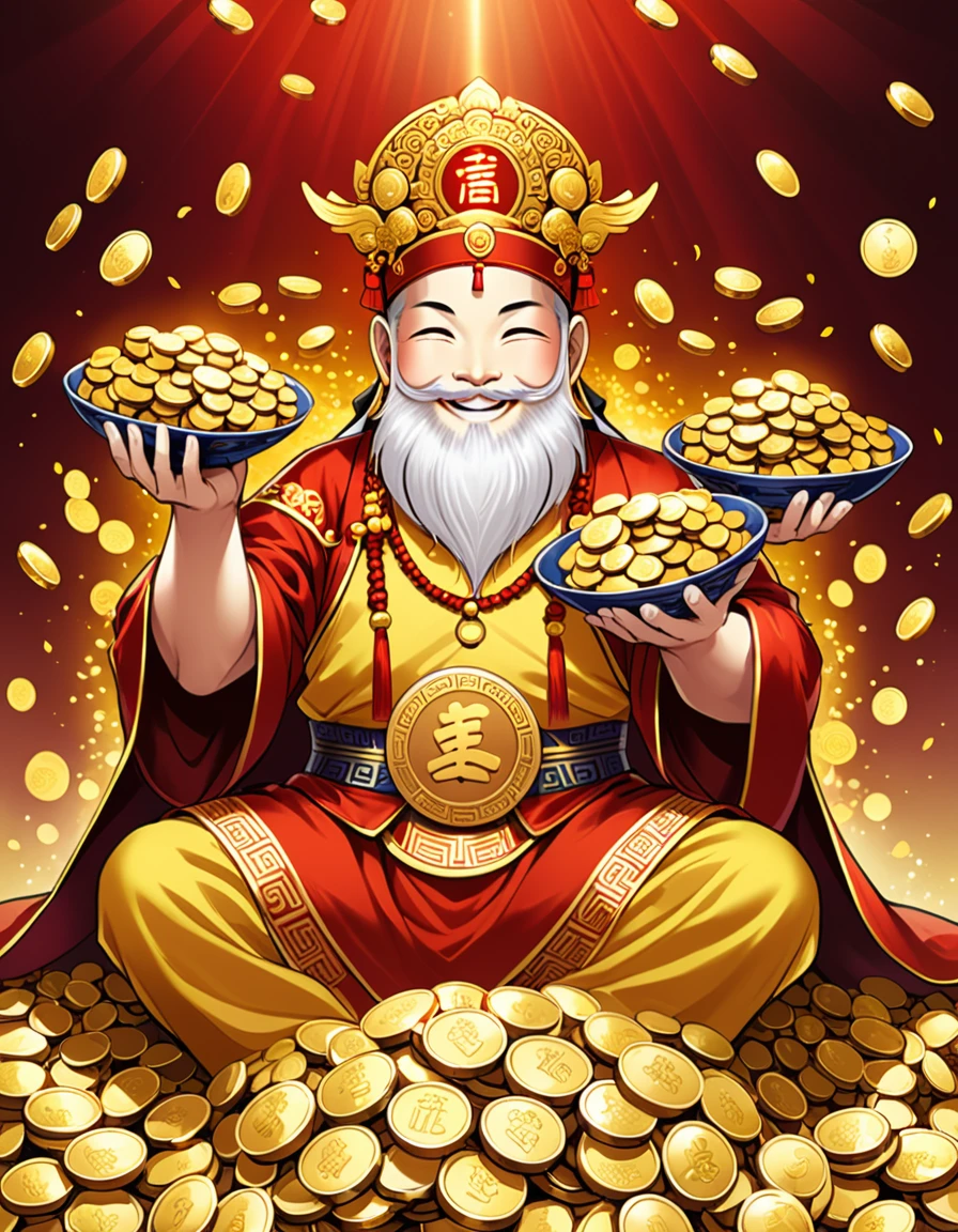 Smile Charity，Chinese God of Wealth holding a pile of gold coins