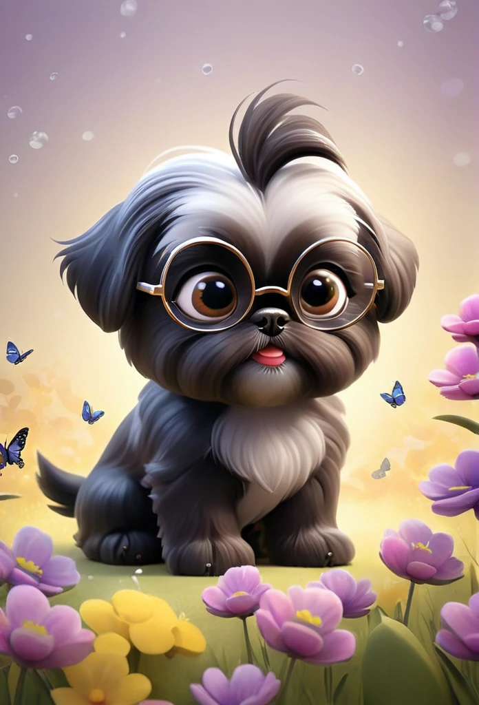 2 adorable very small very black Shih Tzu puppies wearing sunglasses playing at park butterflies and flowers in background 3D Pixar style
