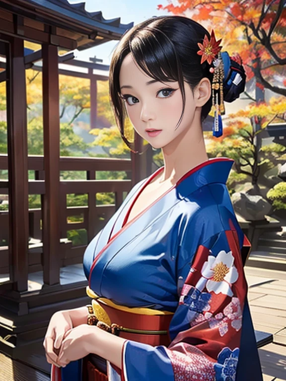(Highest quality、 8k 、masterpiece、High resolution)、 Japanese painting、Vibrant colors、A woman wearing a kimono、Ample breasts、Hands on chest、(Highly detailed face and eyes,Beautiful Face,Beautiful Eyes,Beautiful nose,Pretty lips)、Dynamic painting technique、Japanese garden、Autumn scenery、autumn leaves、Starry Sky、Detailed Description、