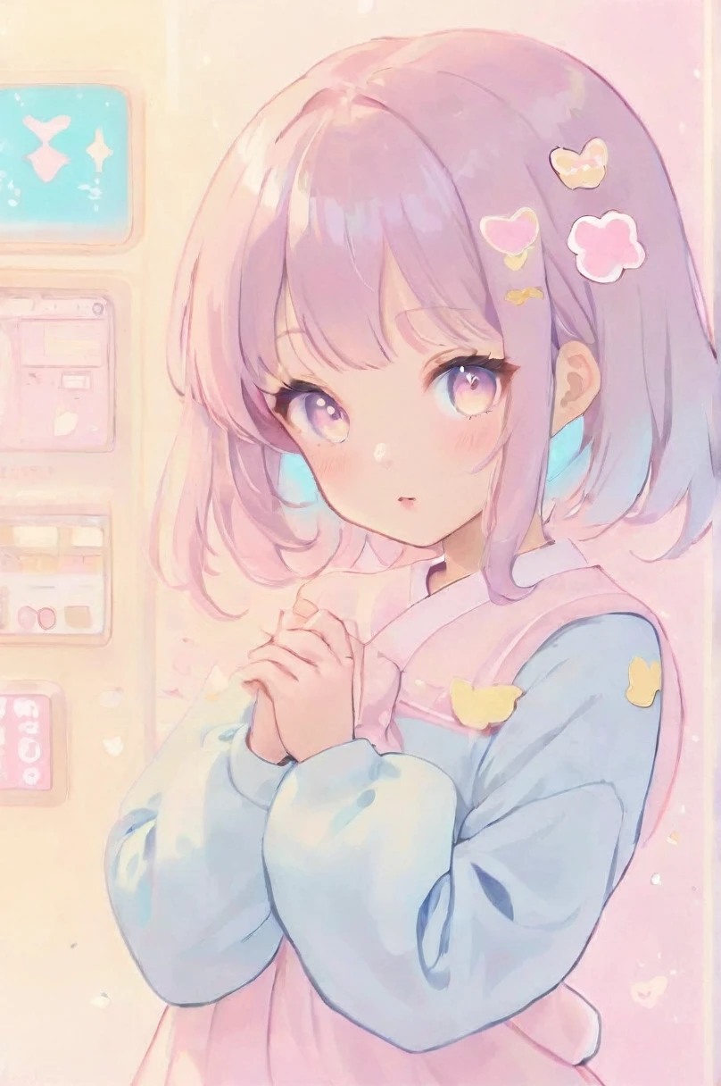 Beautiful Asian girl in her 20s posing for the camera.  Kawaiitech, beautiful pastel colors and anime symbols