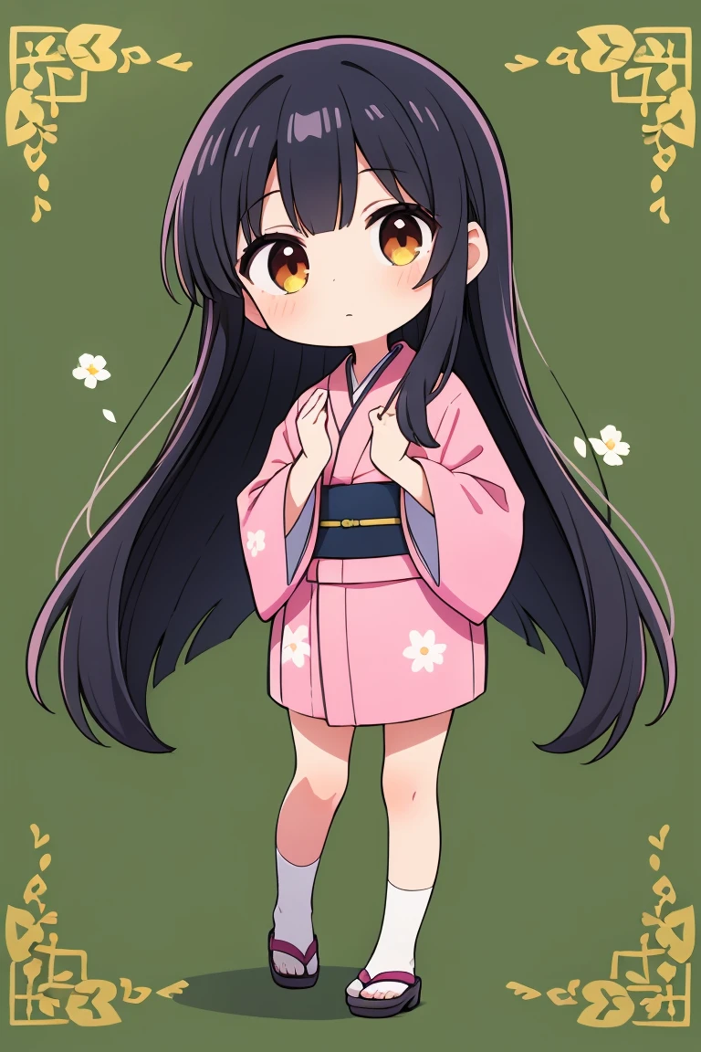 1girl,flower pattern , pink kimono,black hair,brown eye,long hair,chibi,standing, put hands on body, full body,green background