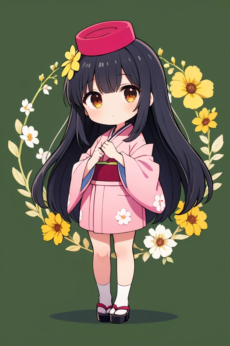 1girl,flower pattern , pink kimono,black hair,brown eye,long hair,chibi,standing, put hands on body, full body,green background