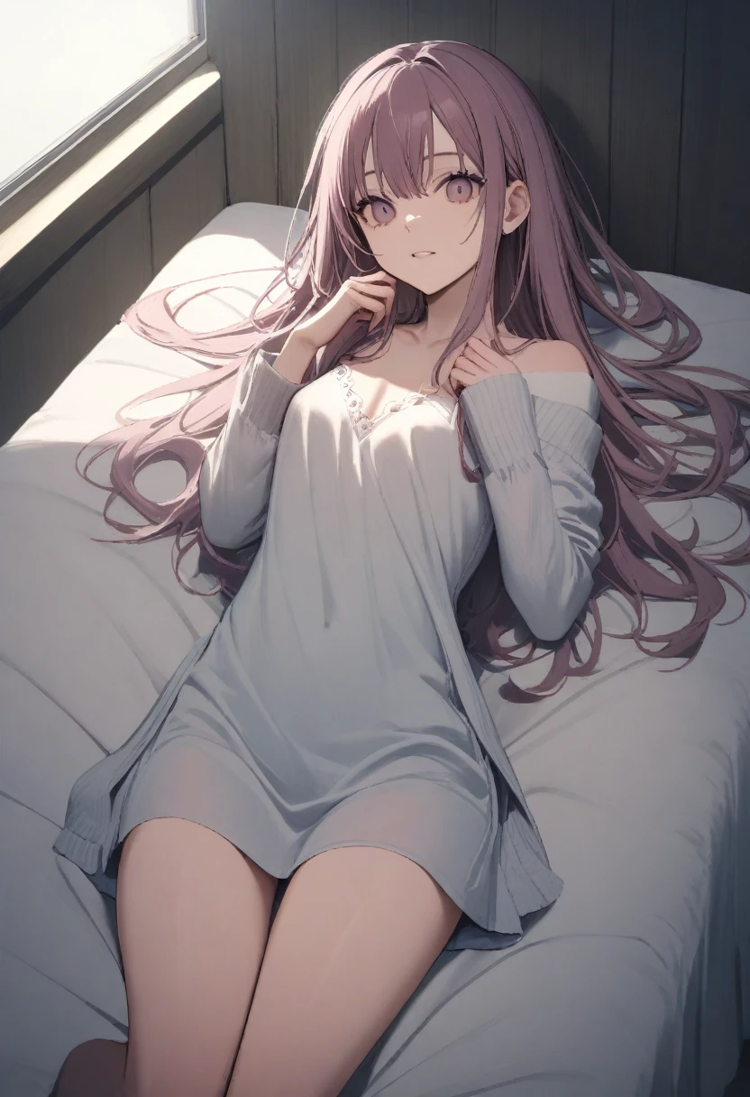 high quality, 最high quality、 Stylish design, (((The cutest girl))), ((Thin legs))、(((最high quality))), High resolution, ((detailed)), ((masterpiece)), ((Super detailed)), 24 year old girl、(Inner Color)、((Lying on your back in bed)),((Light clothing,underwear)),((Sexual)),(((Shyness)))