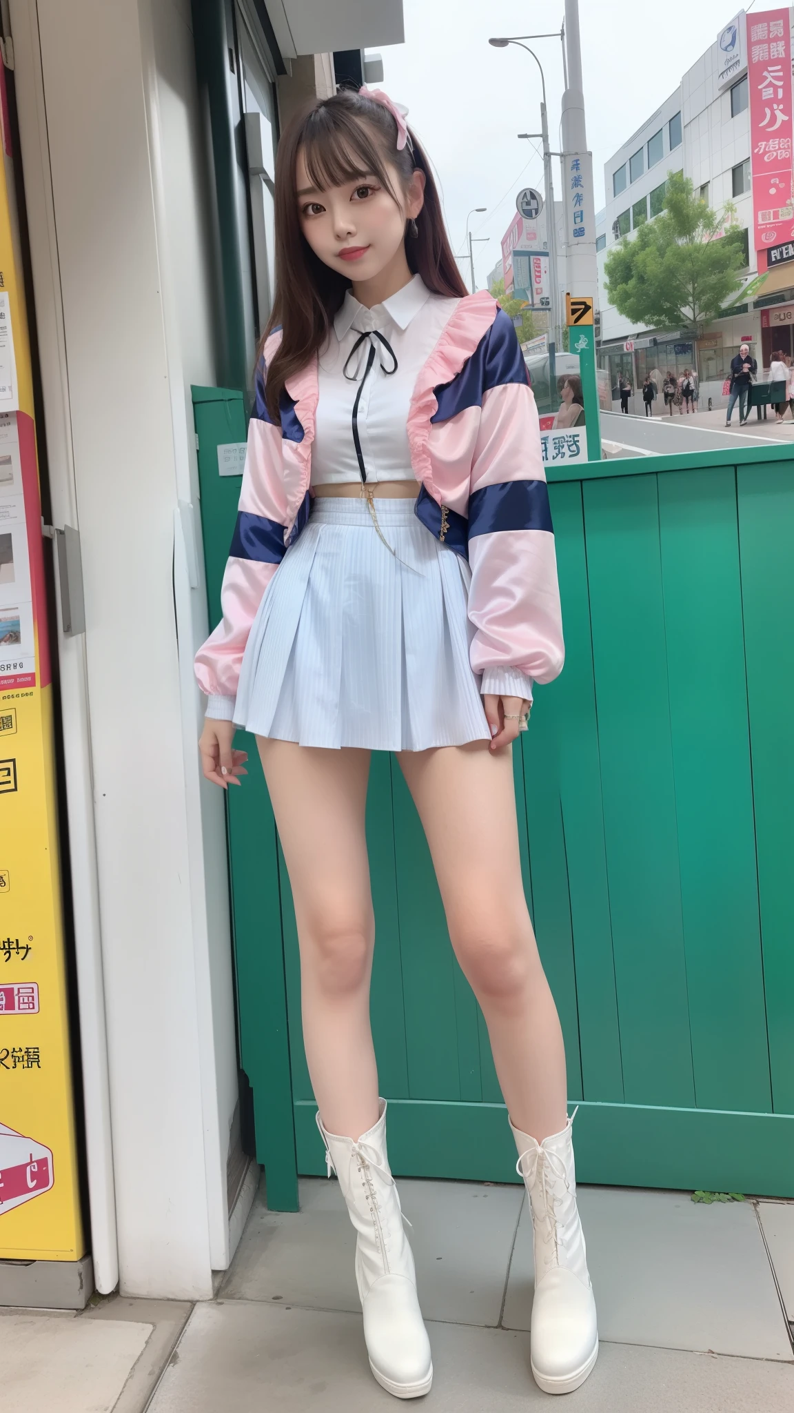 Costume like a idol, blue and white half sleeve Jacket, pink satin ruffled blouse, White and pink stripe pleated skirt, white lace up boots