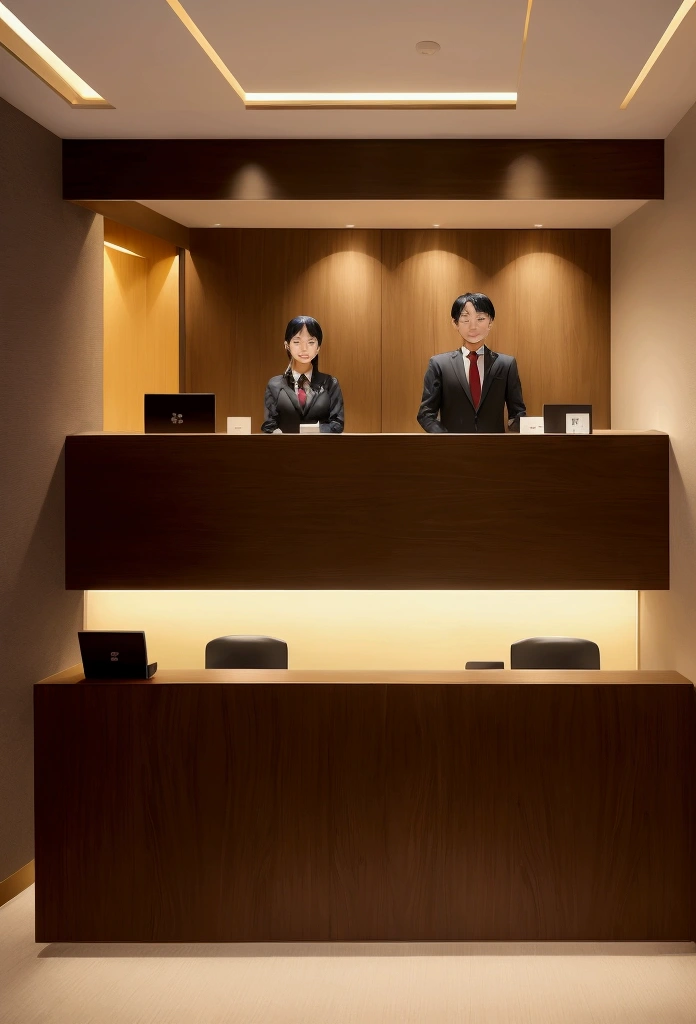 Business hotel front desk。Simple and modern design。On a wooden counter、Computers and phones are neatly arranged。Staff wear formal uniforms、Welcoming customers with a smile。The lobby has comfortable chairs and tables.、Business guests relaxing。The lighting is bright and functional.、Overall it is clean。