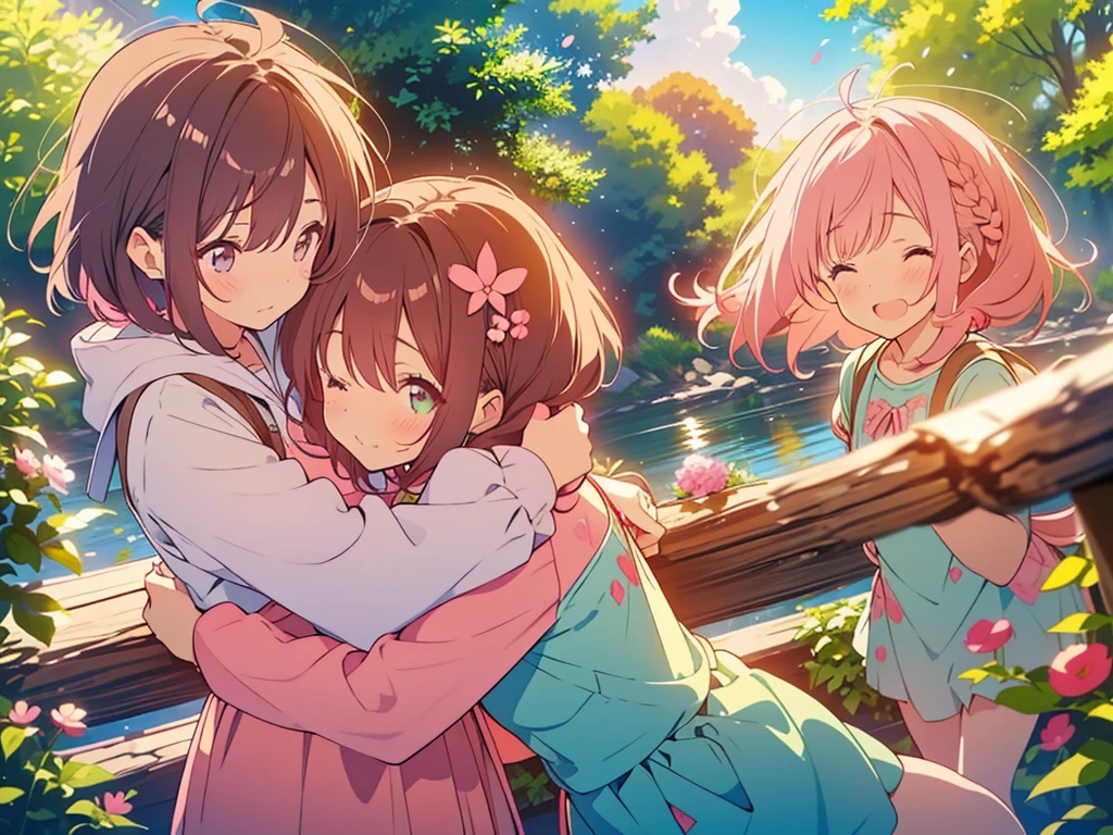 kawaii, anime, Cute, hyper quality, highly detailed, 8k, Clarity, Two girls with brown hair and pink hair, One person has long dark brown hair and green eyes., The other is a young girl with a bright pink short bob and scarlet eyes., Hug each other in Europe's natural water gardens, shed tears, A touching reunion, warm atmosphere, clear blue sky, jump on, whole body, clear air, planted flowers and greenery, Draw facial expressions in detail, highlight on eyes, Close your eyes and cry and laugh, pull perspective, hoodie, Uplifting, jump and hug, Draw the whole body of both of them, light dances, pink hair, Netherlands, pick up a , A small butterfly of light dances, with pink hair and short bob,