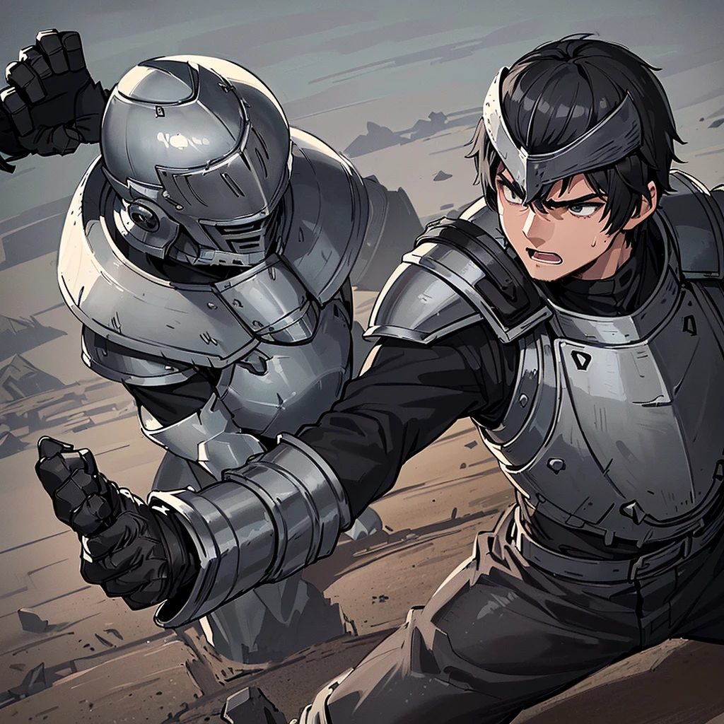 Best illustrations、Best Quality、(have a round shield)、(((Simple grey armor、Black trousers、Black gloves、Short Hair、Black Hair、20 year old man、Iron Helmet)))、(((Fighting Pose)))、(Old ruins、desert。Grass)、(Black, muddy swamp)、(Medieval Knight)、(Close your eyes、get annoyed、Open your mouth、Get angry、Sweat)、battlefield、(Dramatic Angle)
