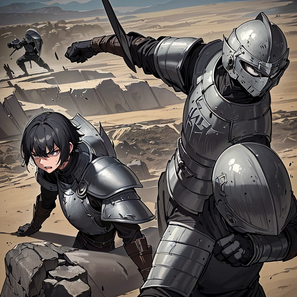 Best illustrations、Best Quality、(have a round shield)、(((Simple grey armor、Black trousers、Black gloves、Short Hair、Black Hair、20 year old man、Iron Helmet)))、(((Fighting Pose)))、(Old ruins、desert。Grass)、(Black, muddy swamp)、(Medieval Knight)、(Close your eyes、get annoyed、Open your mouth、Get angry、Sweat)、battlefield、(Dramatic Angle)
