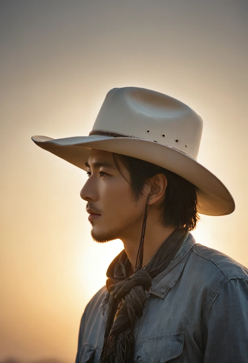 Cowboy，Sunlight,Close your eyes,Head up，Tilt your face,(Close your eyes微笑),Side profile,Backlight