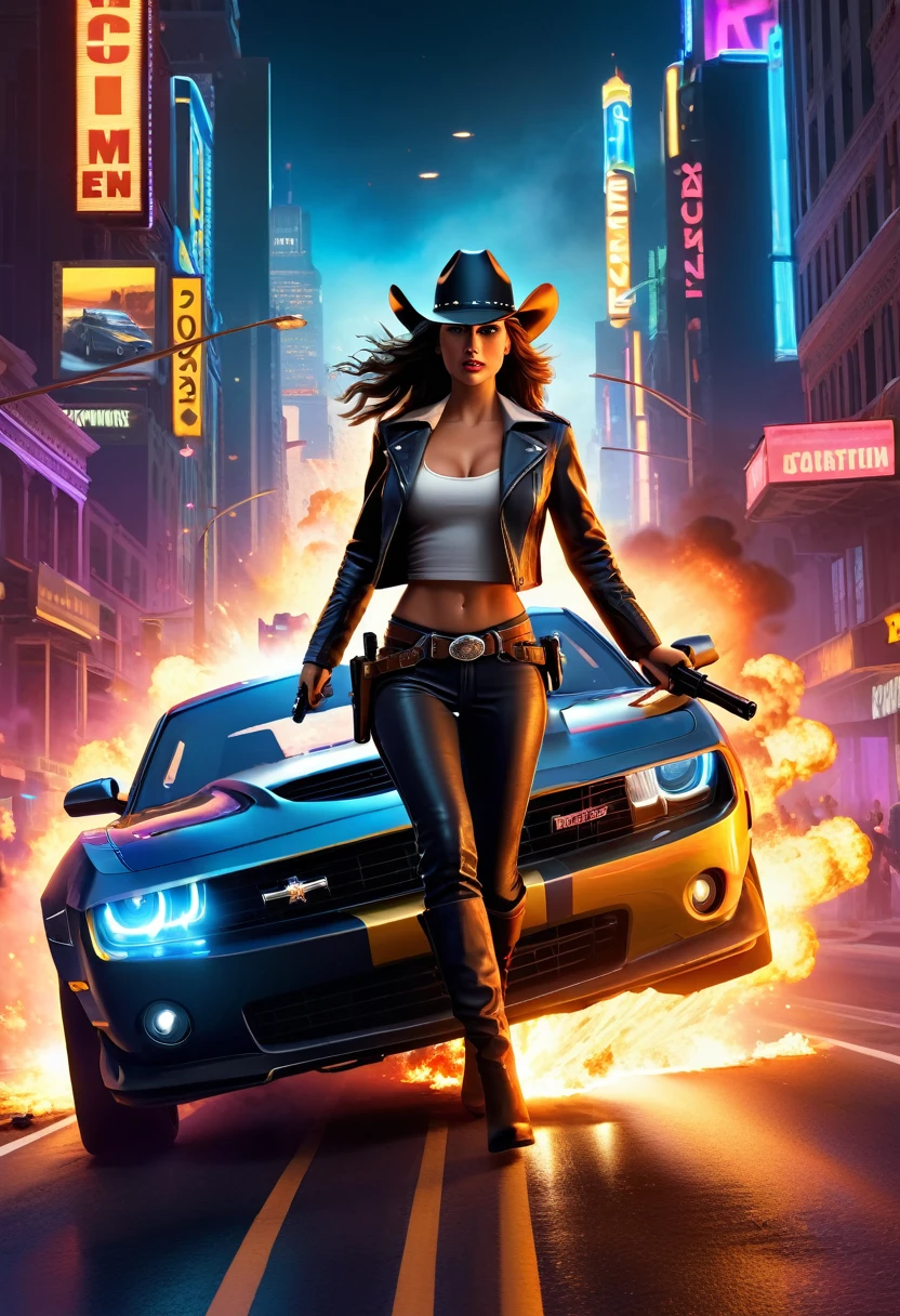 A cowgirl escapes an explosion in her car,Burning car,There are gunshots everywhere,Bright city lights at night,Reflection of neon lights on car windshield,traffic chaos, hurry, Intense chase scene, movie action, Night streets, high speed pursuit, on the verge of danger, the last Stand, epic showdown, Dramatic, Thrilling ending, Stunning visuals, Immersive atmosphere, Detailed car model, Realistic game engine, Resilient environment, Dynamic camera angles, Dynamic lighting effects, Realistic gunshots, dramatic music, Strong emotions.