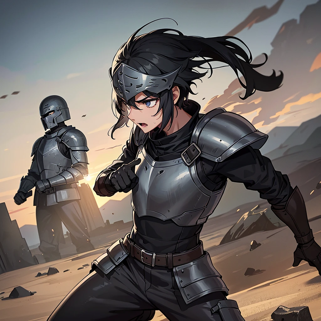 Best illustrations、Best Quality、(have a round shield)、(((Simple grey armor、Black trousers、Black gloves、Short Hair、Black Hair、20 year old man、Iron Helmet)))、(((Fighting Pose)))、(Old ruins、desert。Grass)、(Black, muddy swamp)、(Medieval Knight)、(Close your eyes、get annoyed、Open your mouth、Get angry、Sweat)、battlefield、From below、(Dramatic Angle)