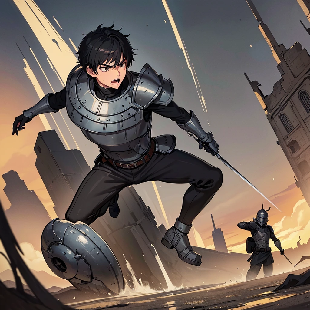 Best illustrations、Best Quality、(have a round shield)、(((Simple grey armor、Black trousers、Black gloves、Short Hair、Black Hair、20 year old man、Iron Helmet)))、(((Fighting Pose)))、(Old ruins、desert。Grass)、(Black, muddy swamp)、(Medieval Knight)、(Close your eyes、get annoyed、Open your mouth、Get angry、Sweat)、battlefield、From below、(Dramatic Angle)