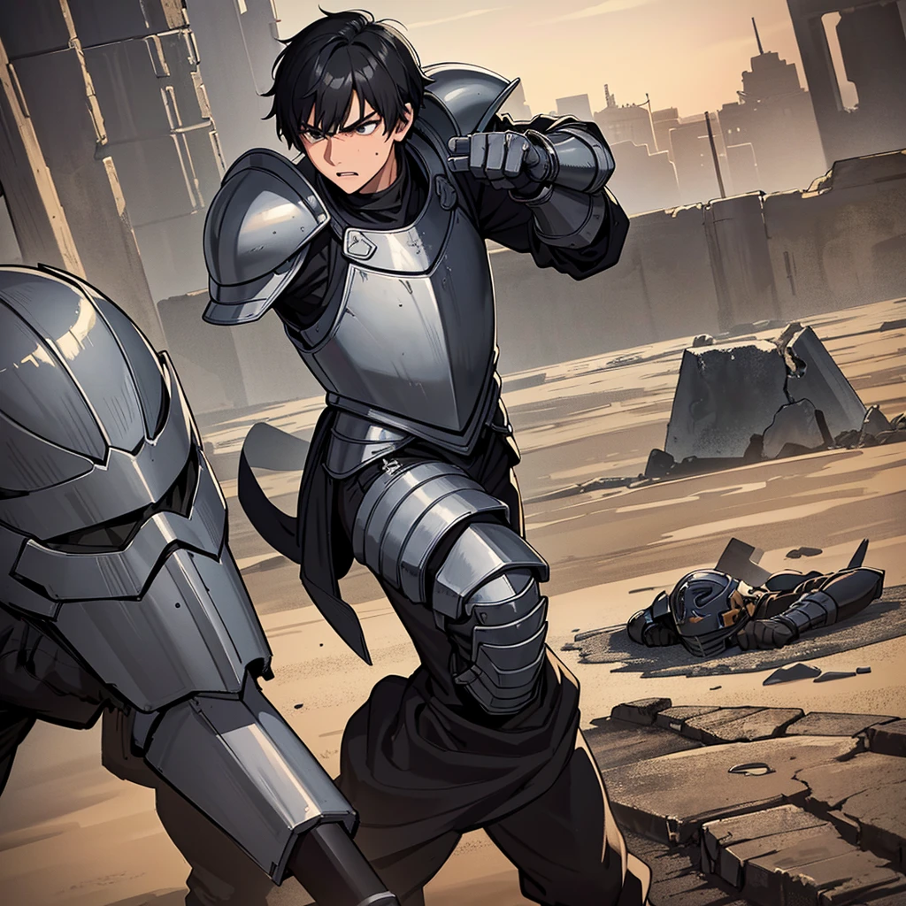 Best illustrations、Best Quality、(have a round shield)、(((Simple grey armor、Black trousers、Black gloves、Short Hair、Black Hair、20 year old man、Iron Helmet)))、(((Fighting Pose)))、(Old ruins、desert。Grass)、(Black, muddy swamp)、(Medieval Knight)、(Close your eyes、get annoyed、Open your mouth、Get angry、Sweat)、battlefield、From below、(Dramatic Angle)
