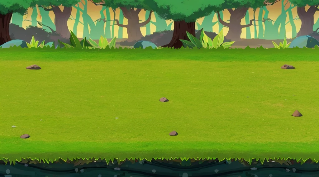 Unity picture animation style forest picture with trees in the distance in the middle of the green plain picture with beach and sea water below