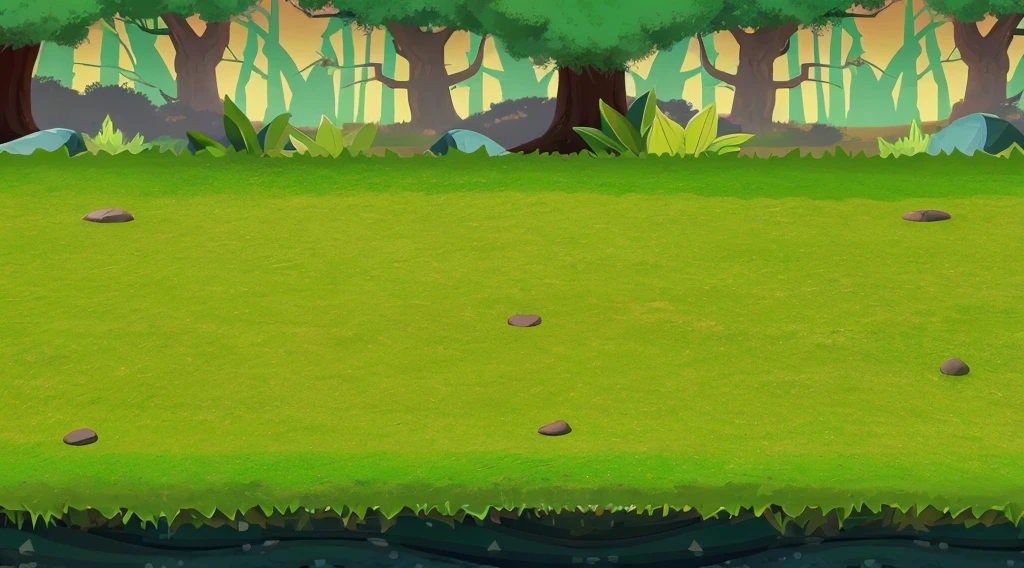 Unity picture animation style forest picture with trees in the distance in the middle of the green plain picture with beach and sea water below