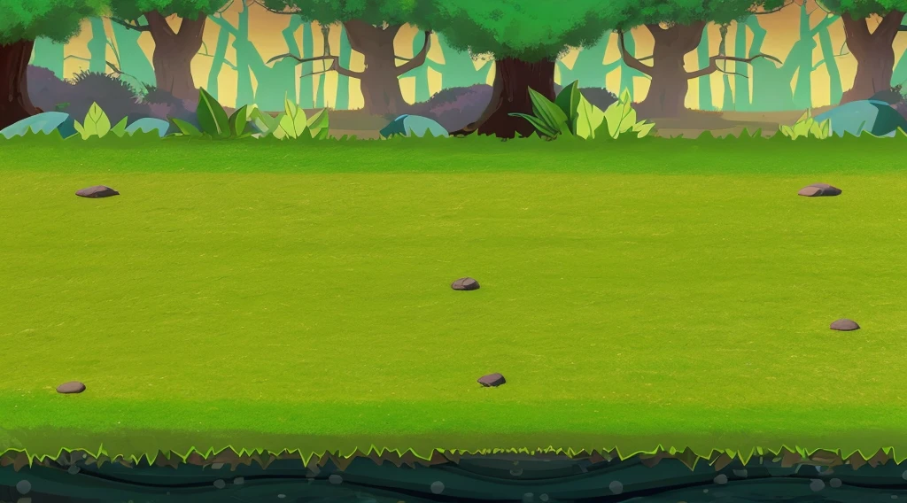 Unity picture animation style forest picture with trees in the distance in the middle of the green plain picture with beach and sea water below